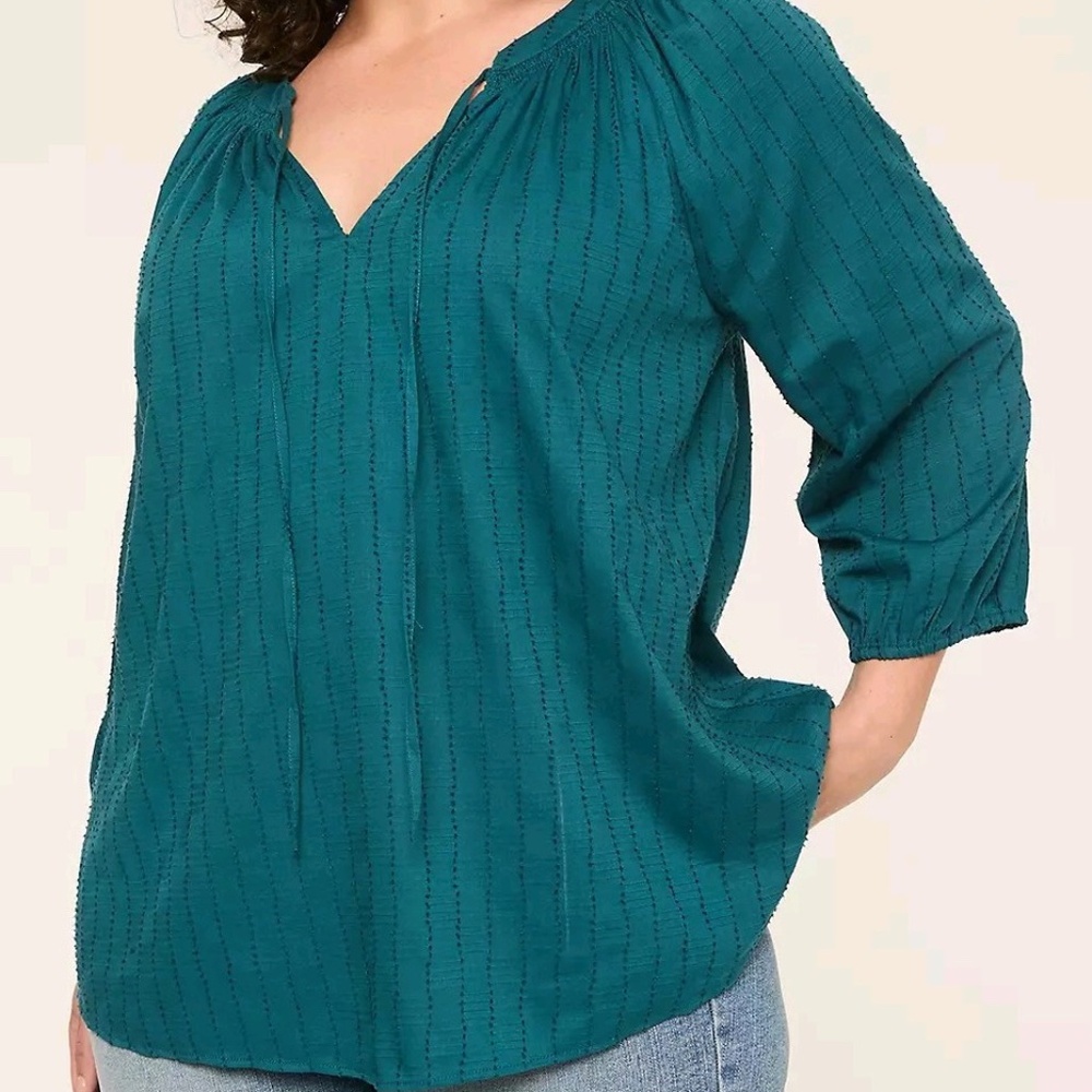 Lane Bryant Womens Plus Size 18/20 Teal V Neck Tie Back Long Sleeve Peasant Top